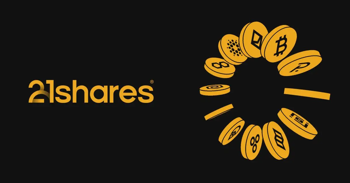 Abstraktes 21shares Design mit goldenen Symbolen auf schwarzem Hintergrund