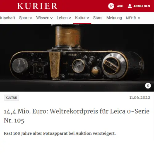 Kurier Onlineartikel über Leica Kamera Auktion
